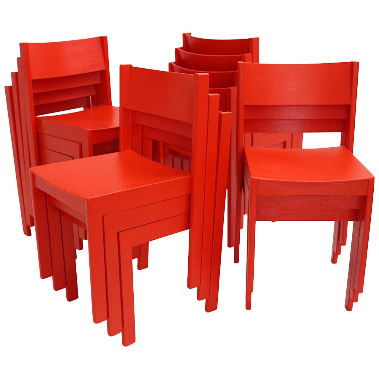 Mid-Century Modern Vintage Red Beech Dining Room Chairs 1950s Vienna Austria For Sale