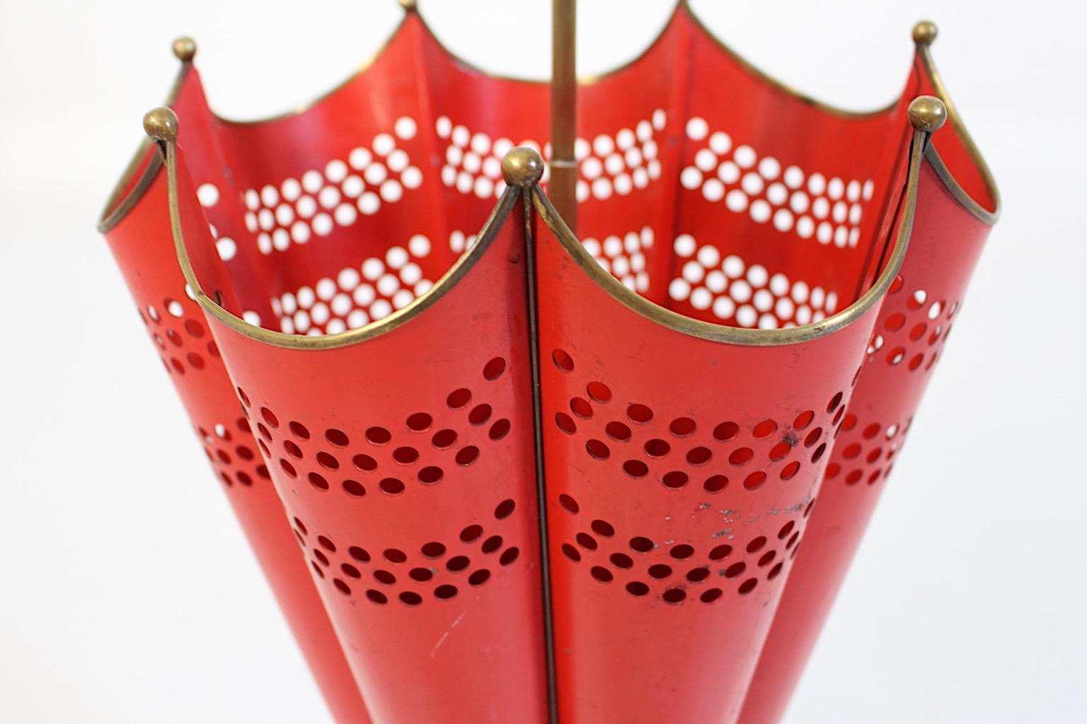 Mid Century Modern Vintage Red Brass Umbrella Stand 1950s Italy For Sale 4