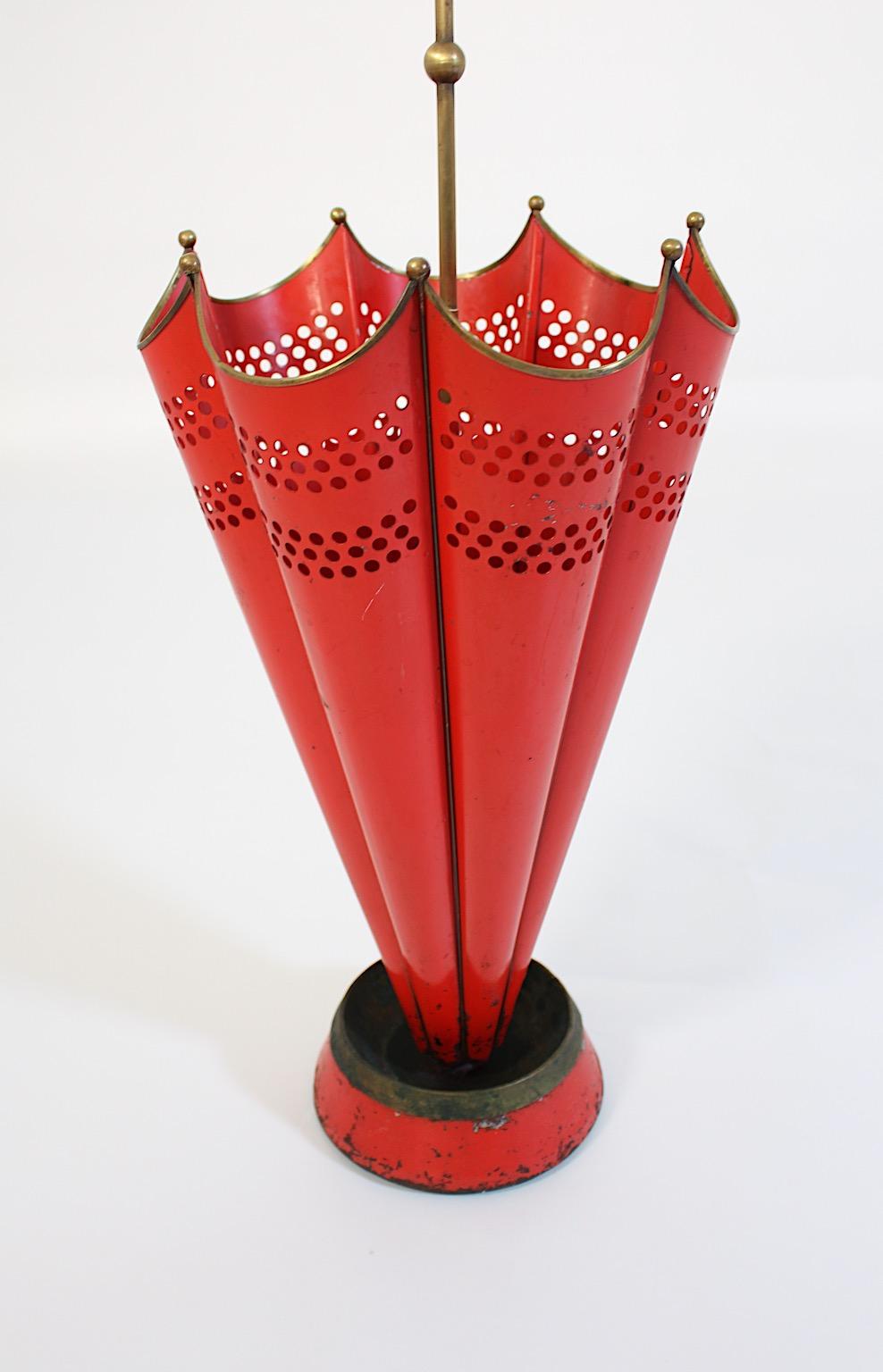 Mid-Century Modern Mid Century Modern Vintage Red Brass Umbrella Stand 1950s Italy For Sale