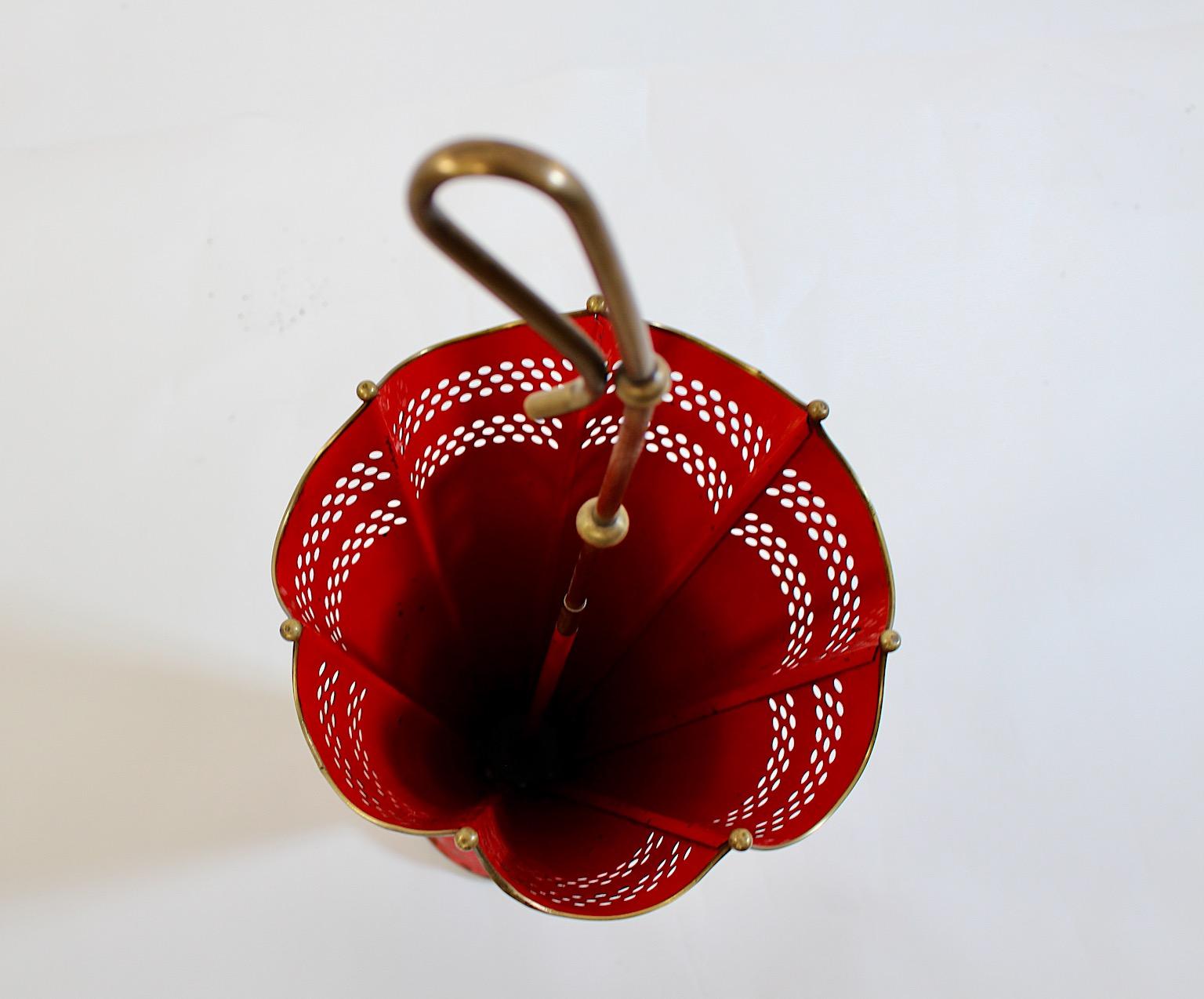 Italian Mid Century Modern Vintage Red Brass Umbrella Stand 1950s Italy For Sale
