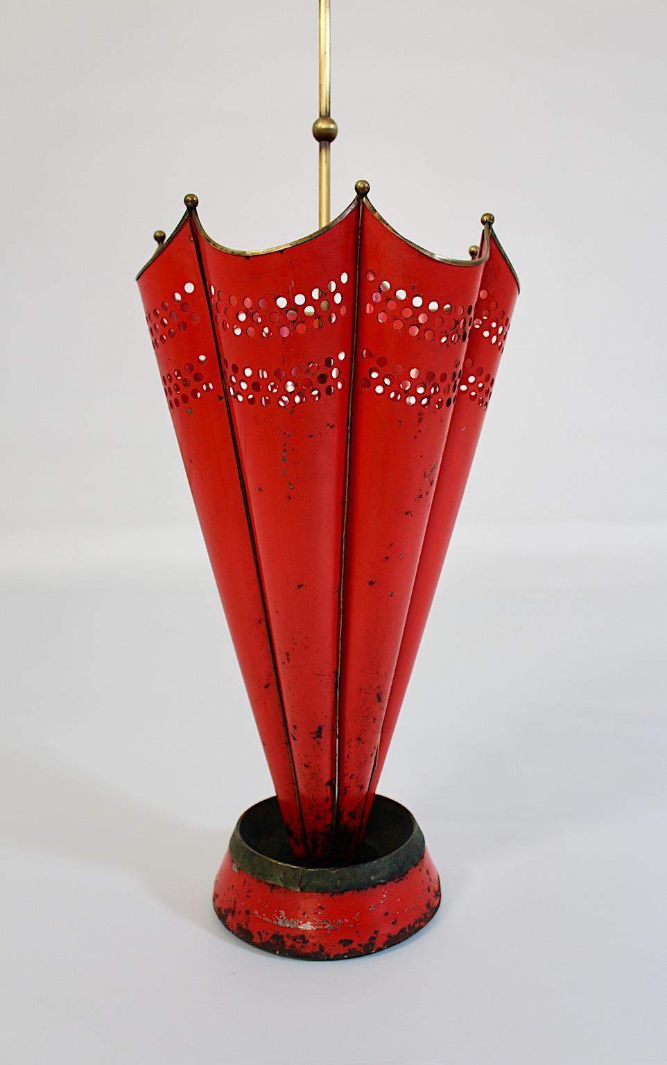 Lacquered Mid Century Modern Vintage Red Brass Umbrella Stand 1950s Italy For Sale