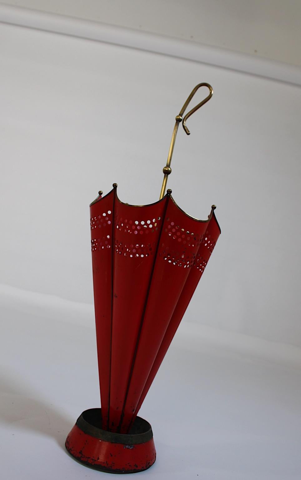 20th Century Mid Century Modern Vintage Red Brass Umbrella Stand 1950s Italy For Sale