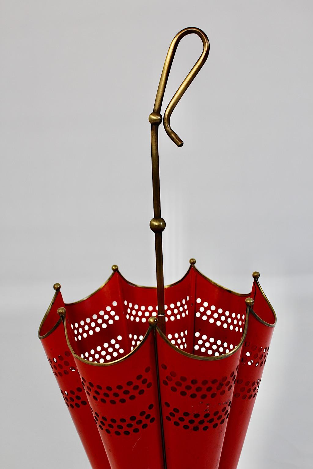 Mid Century Modern Vintage Red Brass Umbrella Stand 1950s Italy For Sale 1
