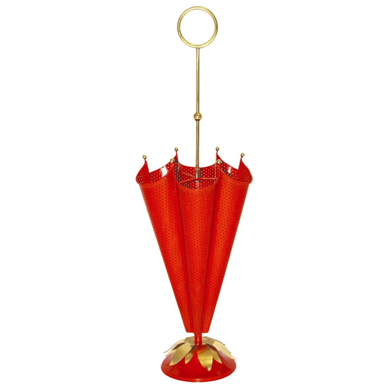 Mid-Century Modern Vintage Red Brass Umbrella Stand Attr Mathieu Matégot, 1950s