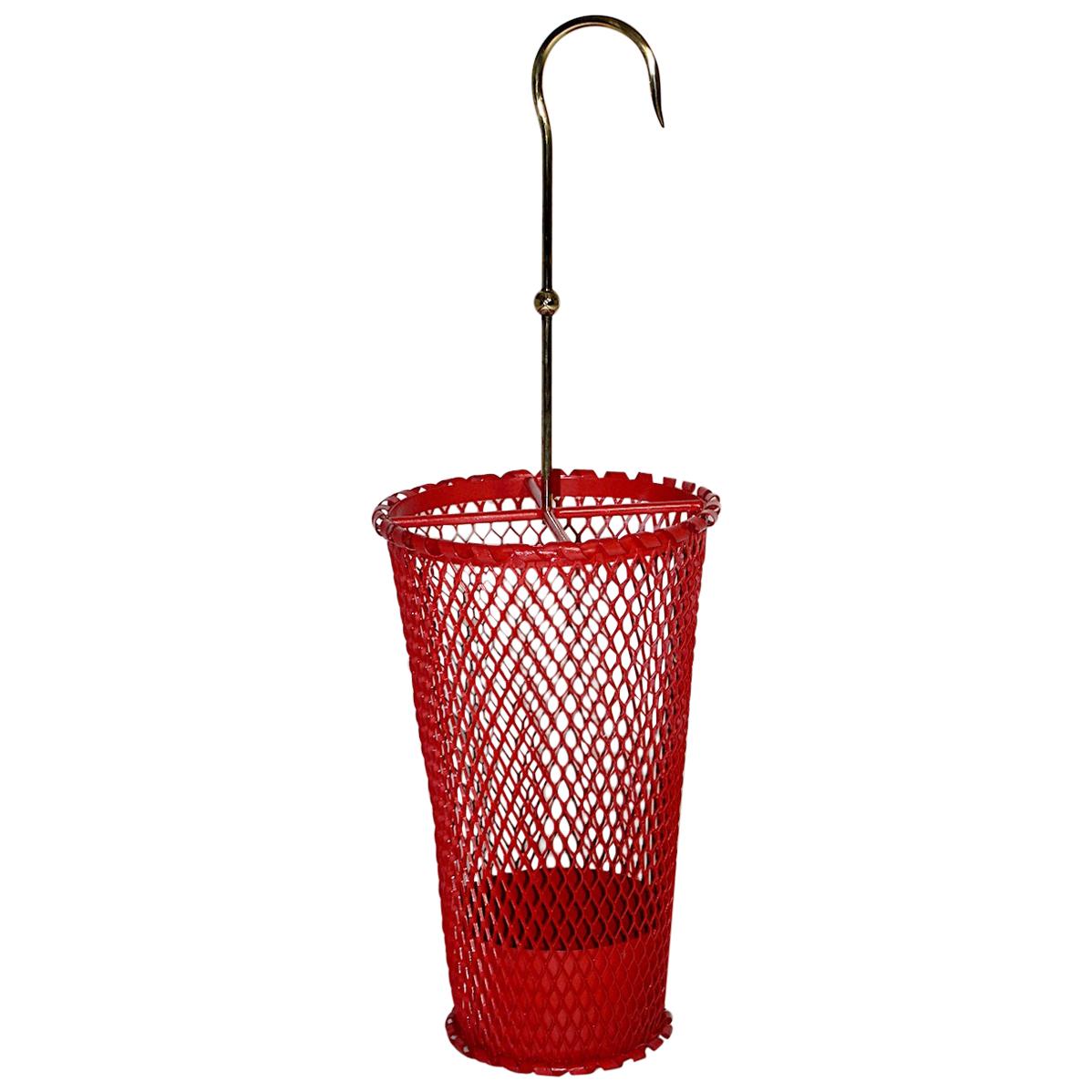 MidCentury Modern Vintage Red Brass Umbrella Stand Attr Mathieu