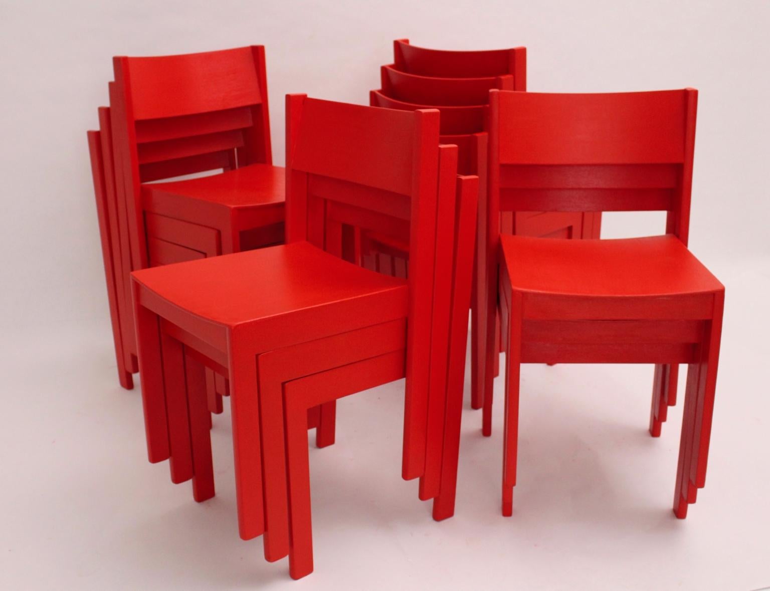 Beech Mid-Century Modern Vintage Red Dining Room Chairs Carl Auböck, 1956, Vienna