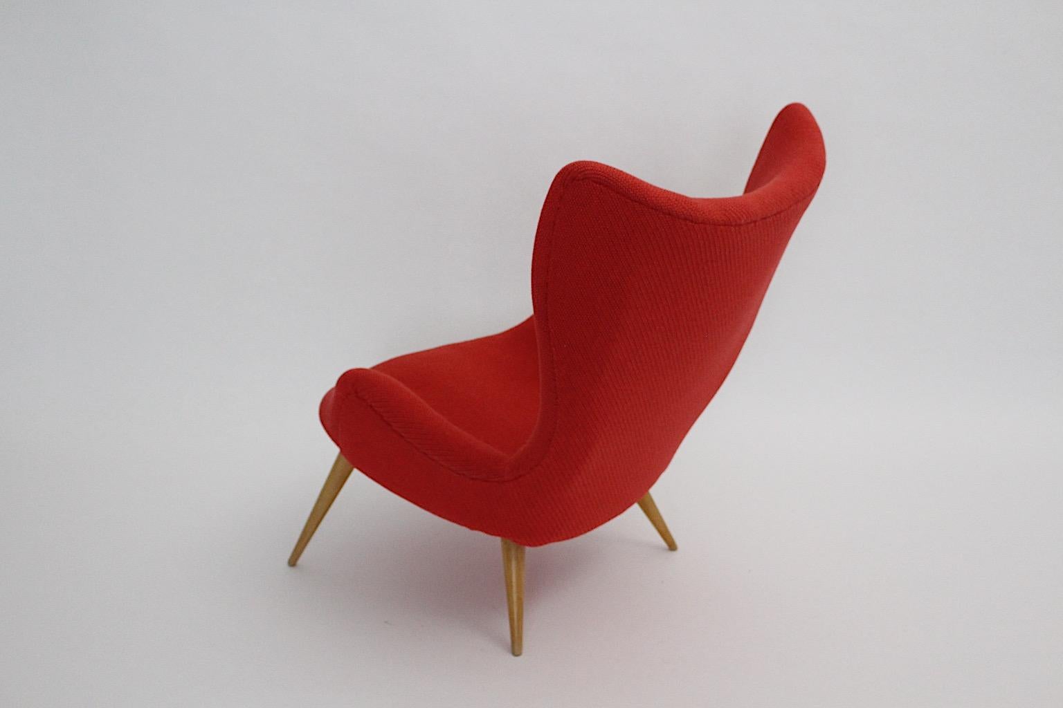 Mid Century Modern Vintage Red Fabric Beech Lounge Chair 1950s For Sale 5