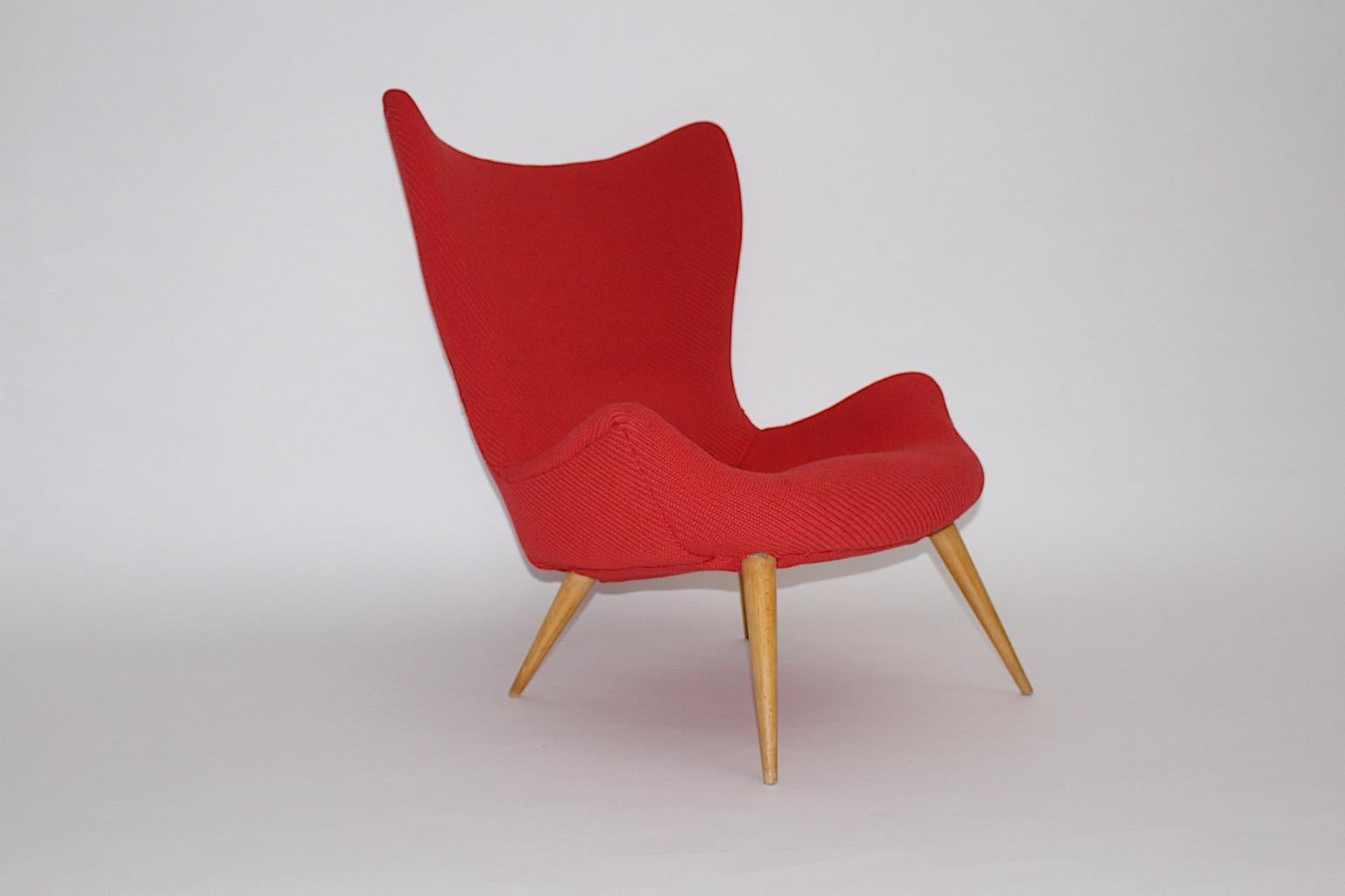 Mid-Century Modern Mid Century Modern Vintage Red Fabric Beech Lounge Chair 1950s For Sale