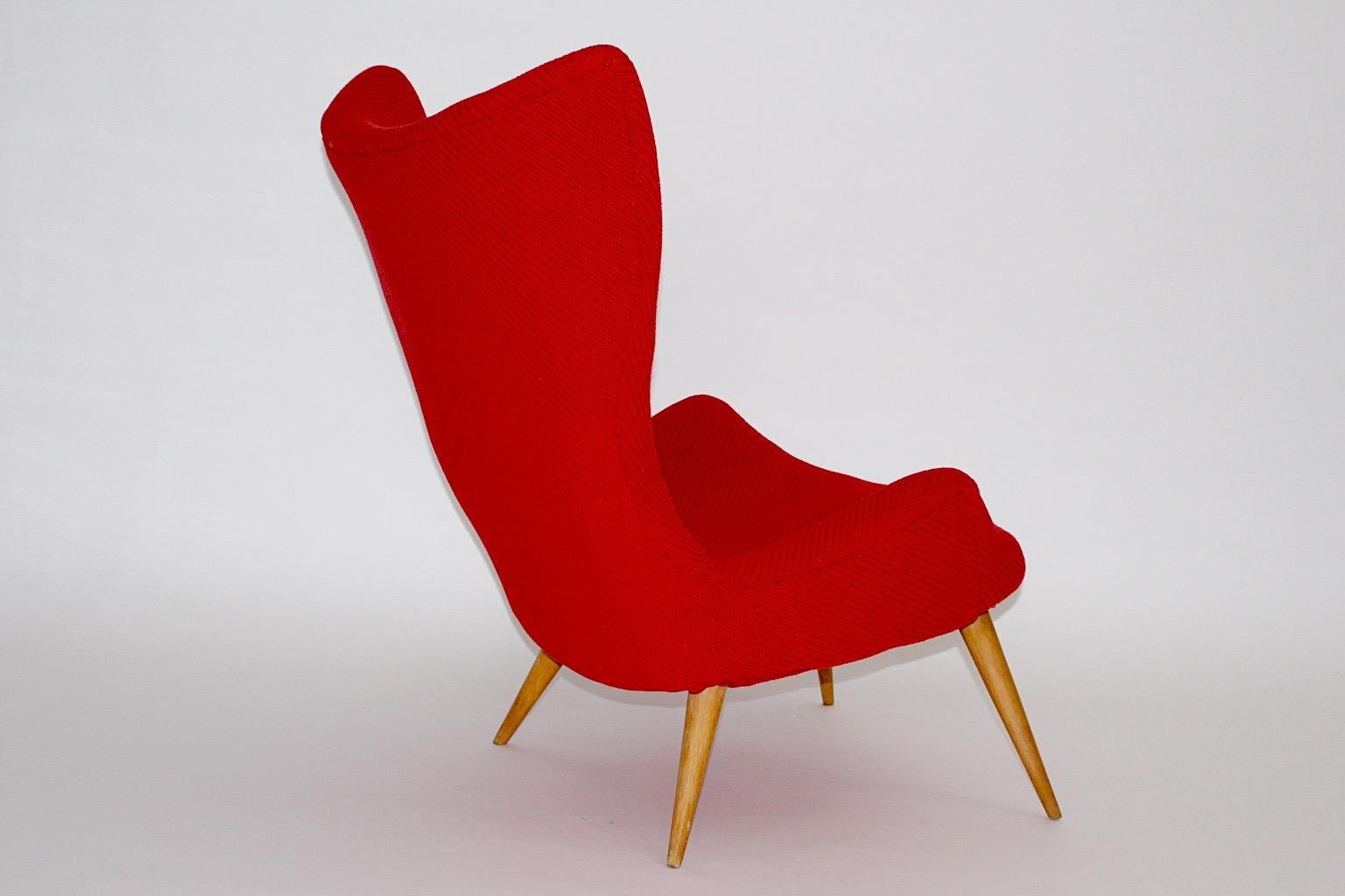 20th Century Mid Century Modern Vintage Red Fabric Beech Lounge Chair 1950s For Sale