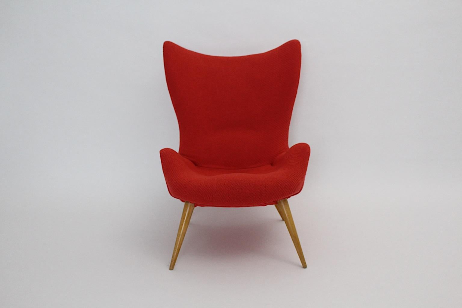 Mid Century Modern Vintage Red Fabric Beech Lounge Chair 1950s For Sale 1