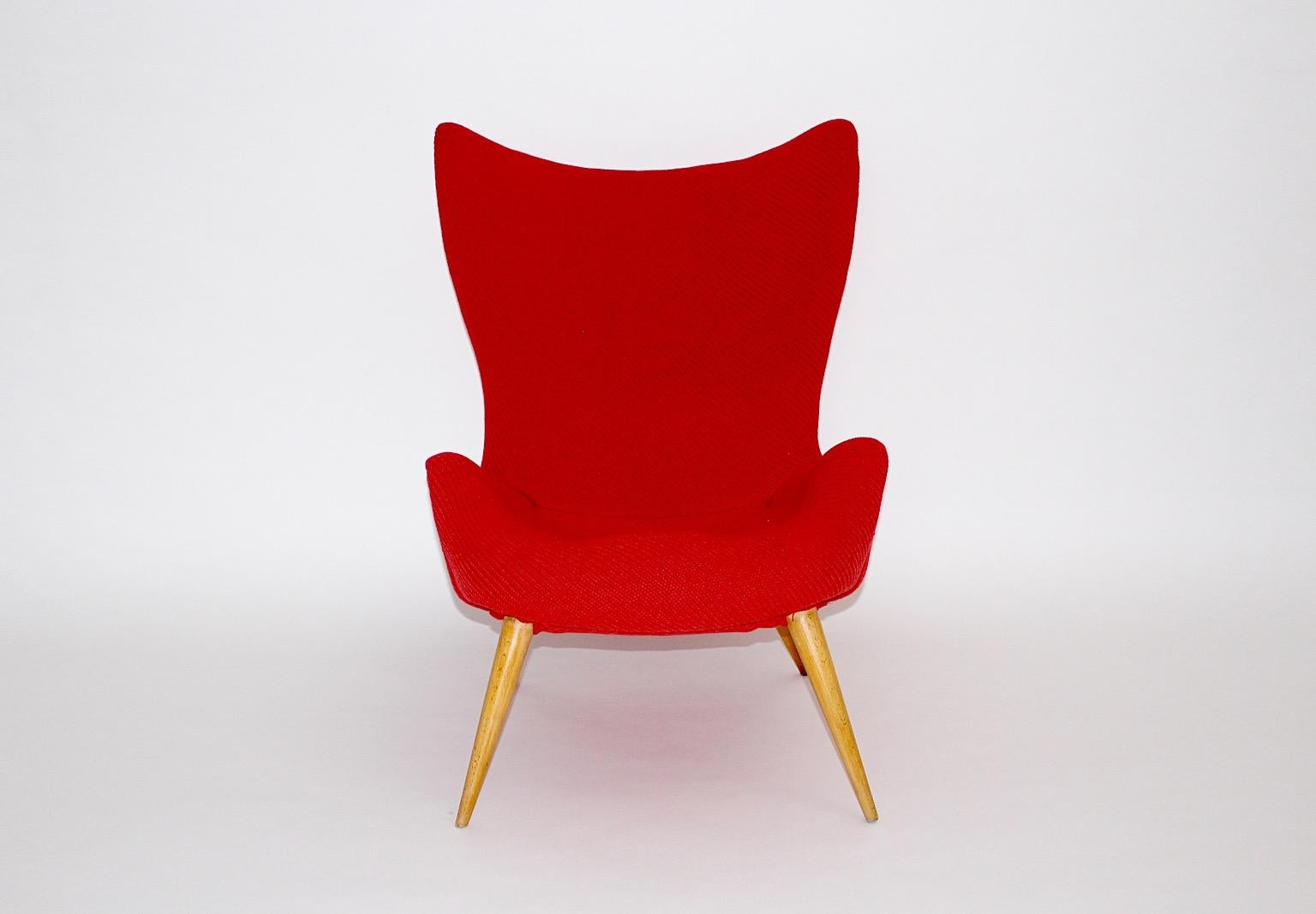 Mid Century Modern Vintage Red Fabric Beech Lounge Chair 1950s For Sale 2