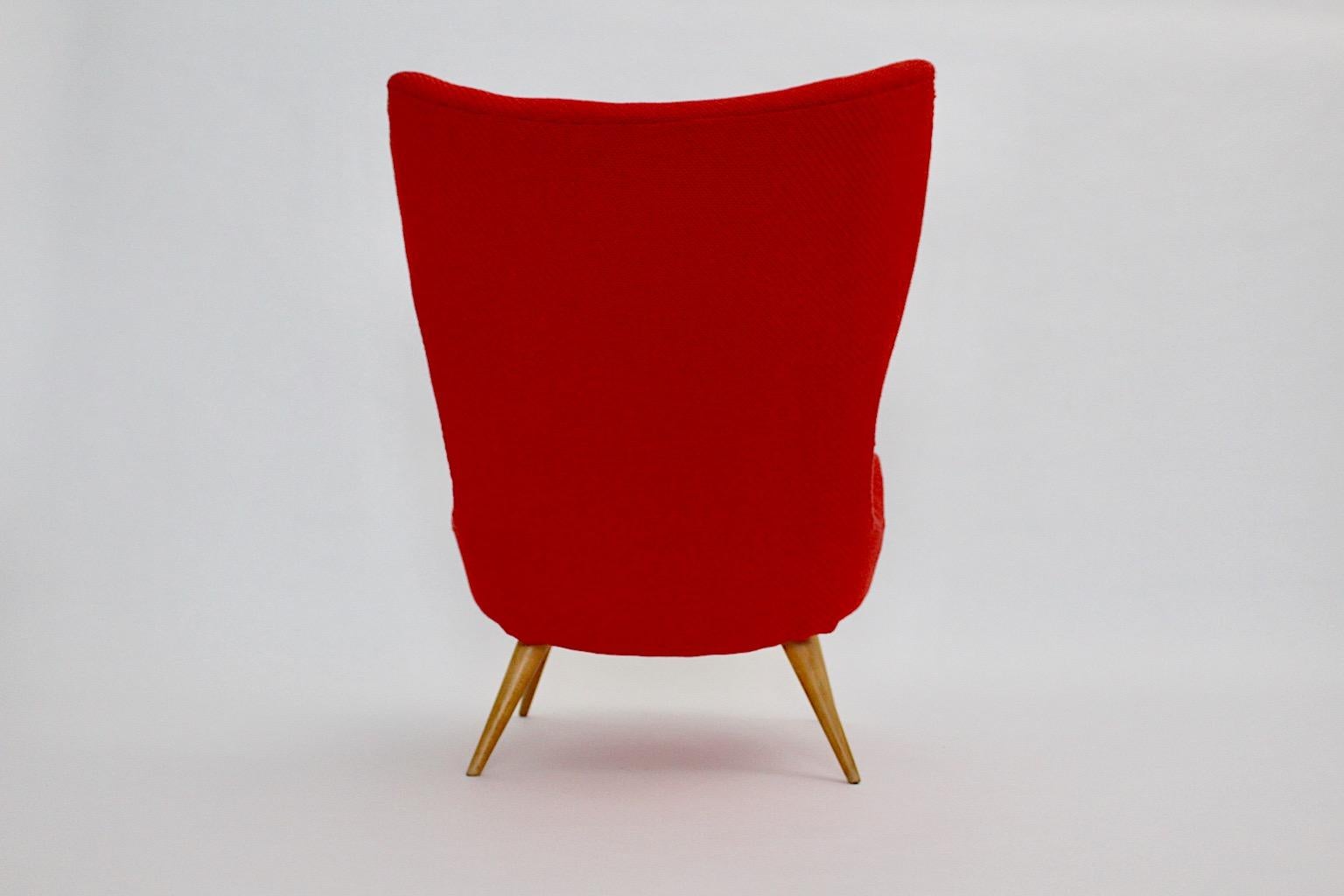Mid Century Modern Vintage Red Fabric Beech Lounge Chair 1950s For Sale 3