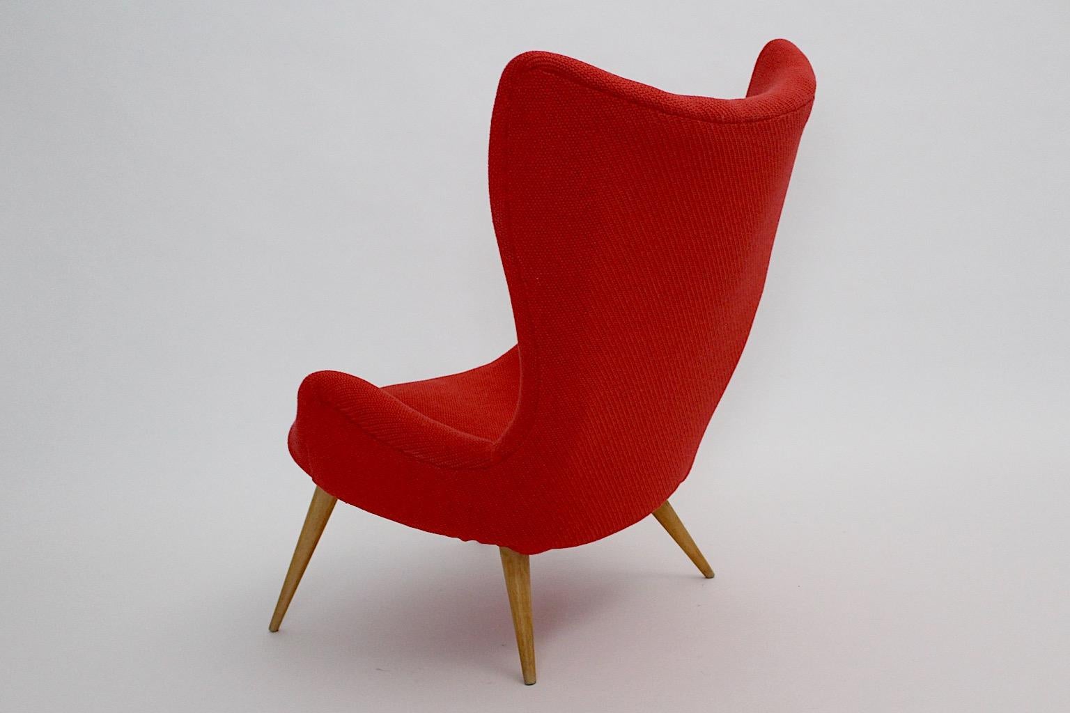 Mid Century Modern Vintage Red Fabric Beech Lounge Chair 1950s For Sale 4