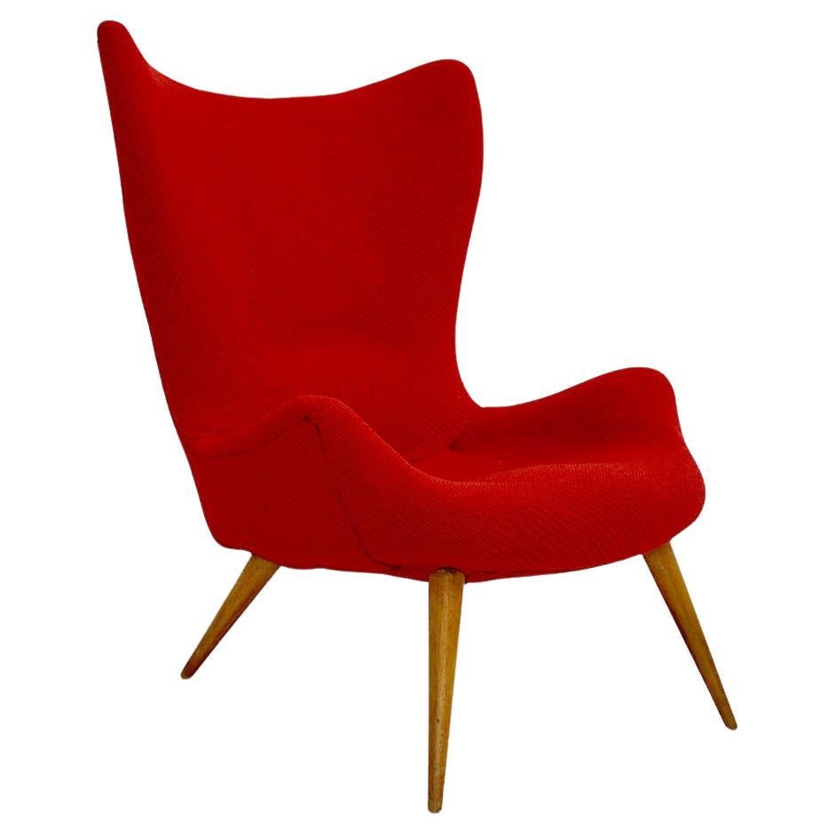 Mid Century Modern Vintage Red Fabric Beech Lounge Chair 1950s For Sale