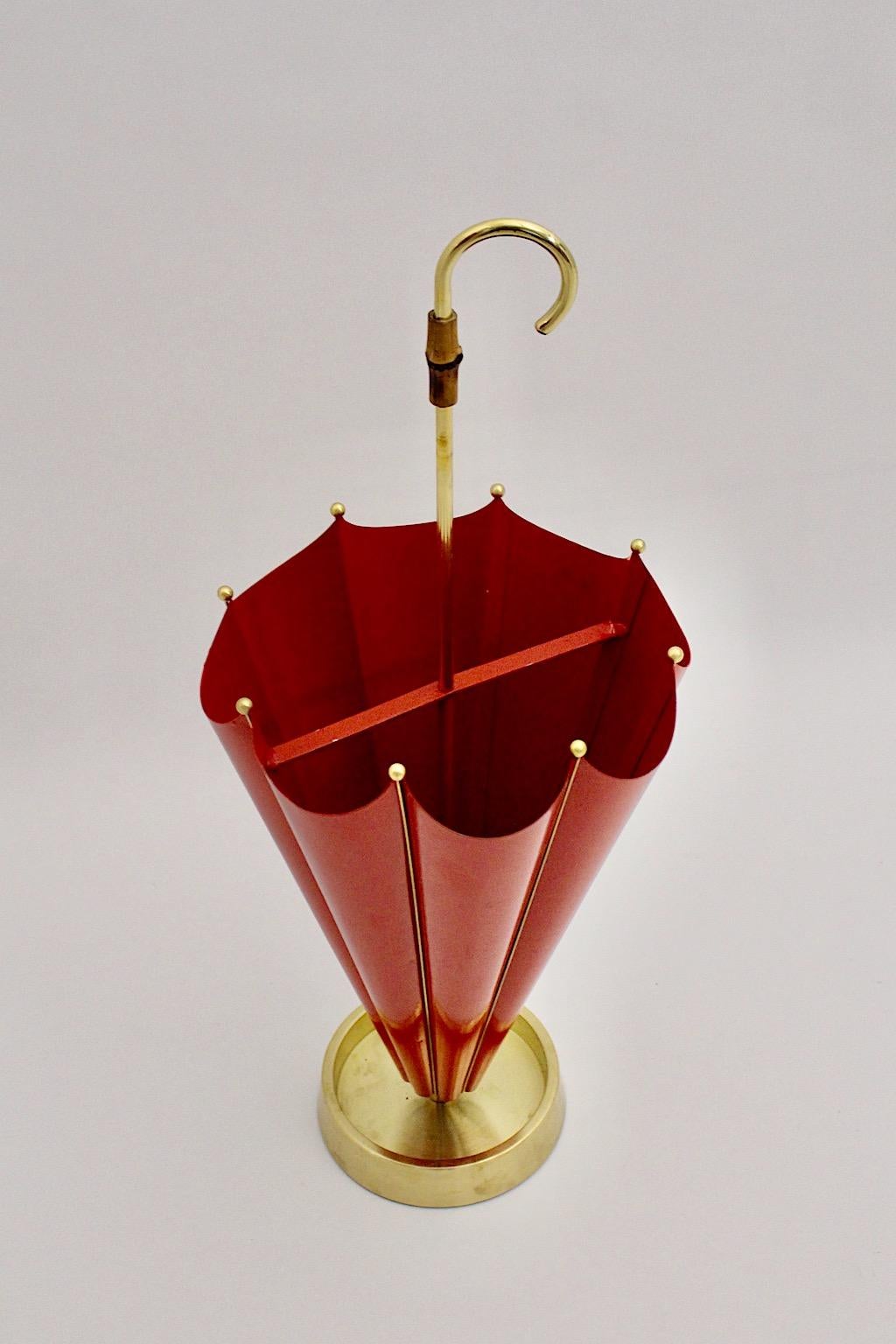 Mid-Century Modern Vintage Red Metal Brass Umbrella Stand Cane Holder 1950 Italy For Sale 5