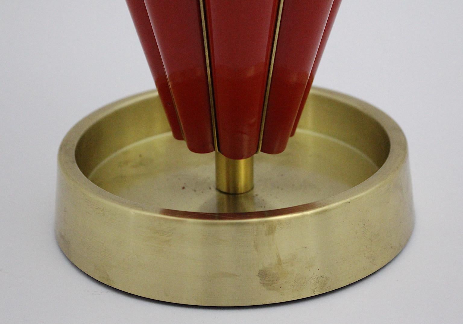 Mid-Century Modern Vintage Red Metal Brass Umbrella Stand Cane Holder 1950 Italy For Sale 9