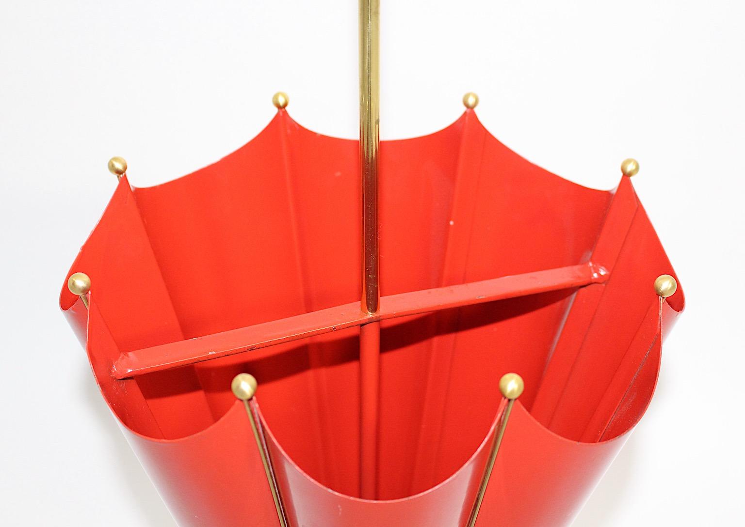Mid-Century Modern Vintage Red Metal Brass Umbrella Stand Cane Holder 1950 Italy For Sale 11