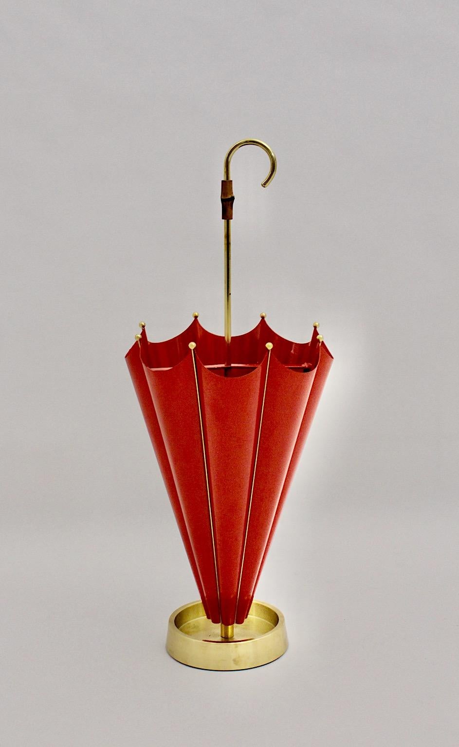 Italian Mid-Century Modern Vintage Red Metal Brass Umbrella Stand Cane Holder 1950 Italy For Sale