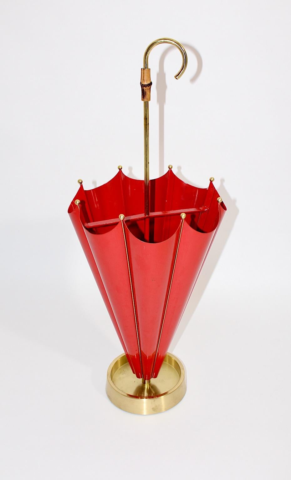 20th Century Mid-Century Modern Vintage Red Metal Brass Umbrella Stand Cane Holder 1950 Italy For Sale