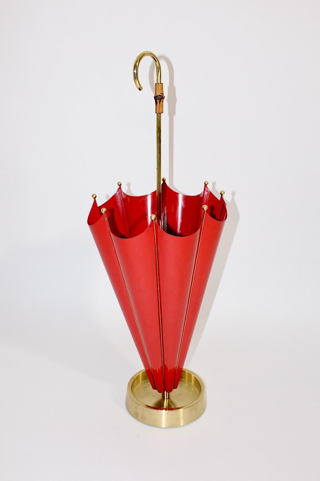 Mid-Century Modern Vintage Red Metal Brass Umbrella Stand Cane Holder 1950 Italy For Sale 1