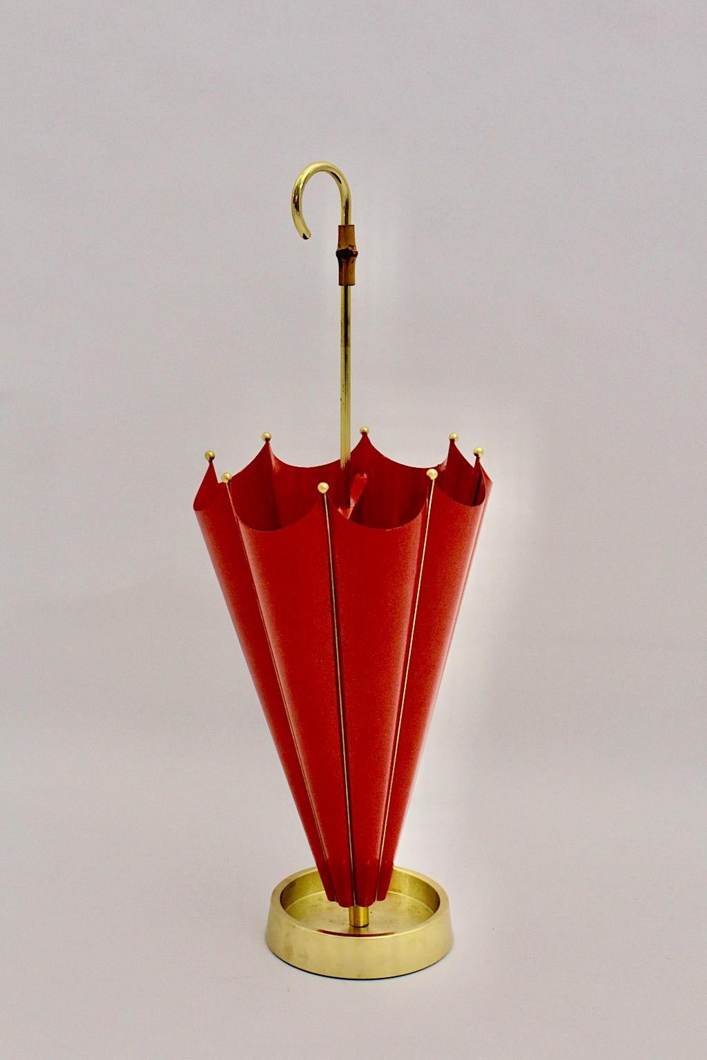 Mid-Century Modern Vintage Red Metal Brass Umbrella Stand Cane Holder 1950 Italy For Sale 2