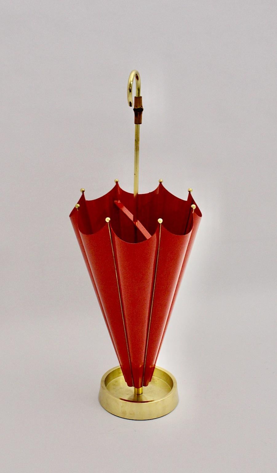 Mid-Century Modern Vintage Red Metal Brass Umbrella Stand Cane Holder 1950 Italy For Sale 3