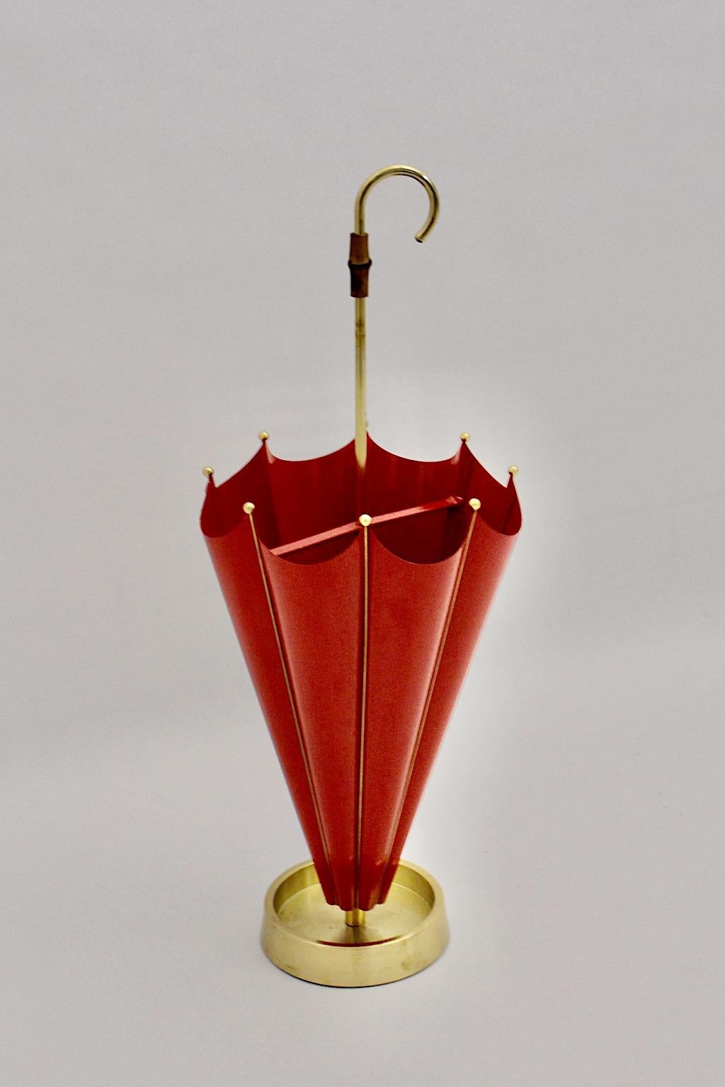 Mid-Century Modern Vintage Red Metal Brass Umbrella Stand Cane Holder 1950 Italy For Sale 4