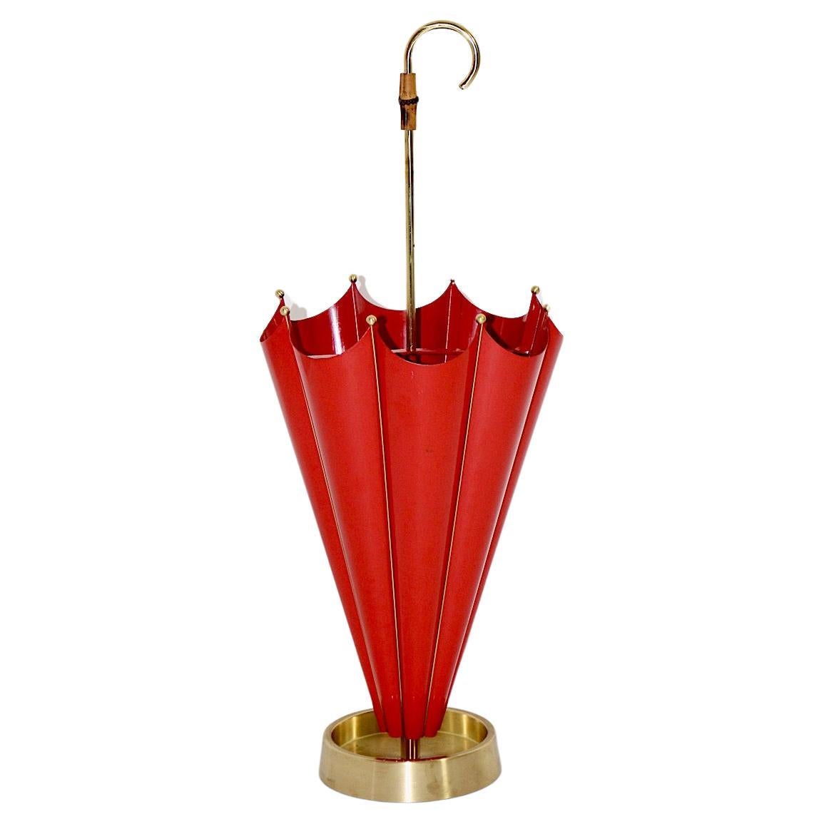 Mid-Century Modern Vintage Red Metal Brass Umbrella Stand Cane Holder 1950 Italy