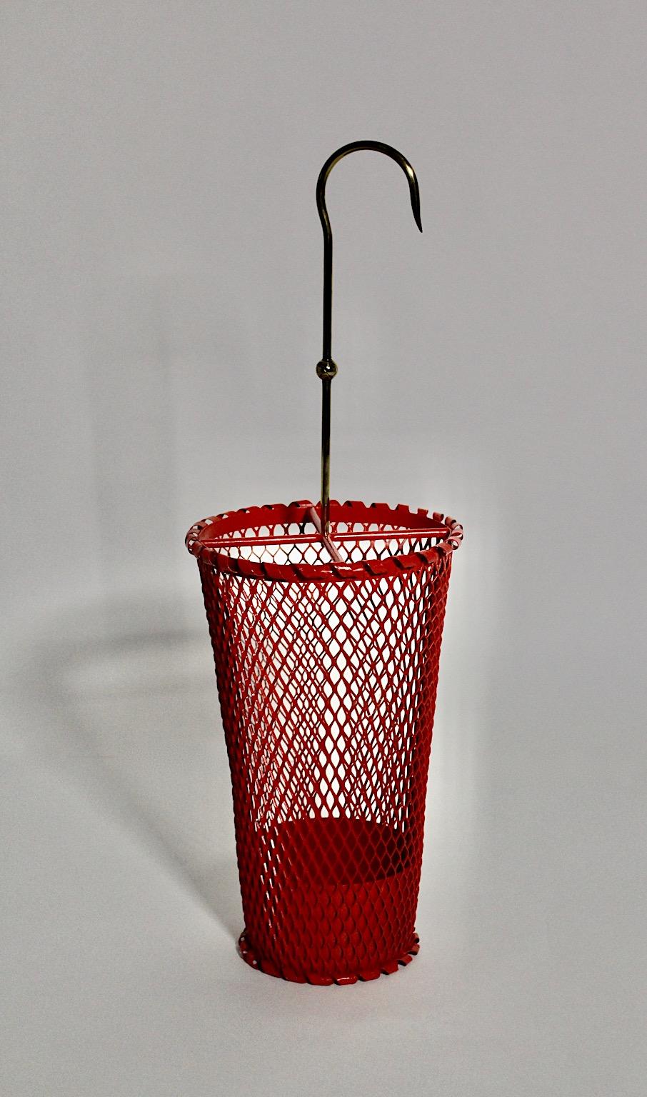 French Mid-Century Modern Vintage Red Metal Brass Umbrella Stand Mathieu Mategot 1950s  For Sale