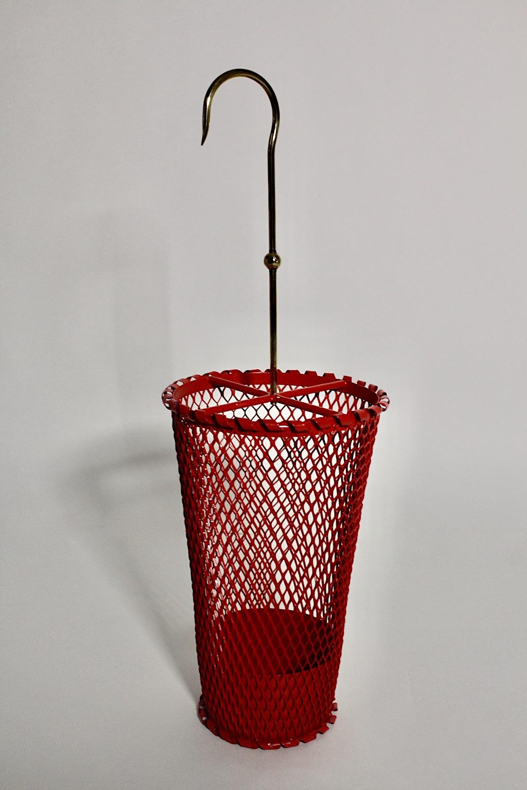 Mid-Century Modern Vintage Red Metal Brass Umbrella Stand Mathieu Mategot 1950s  In Good Condition For Sale In Vienna, AT