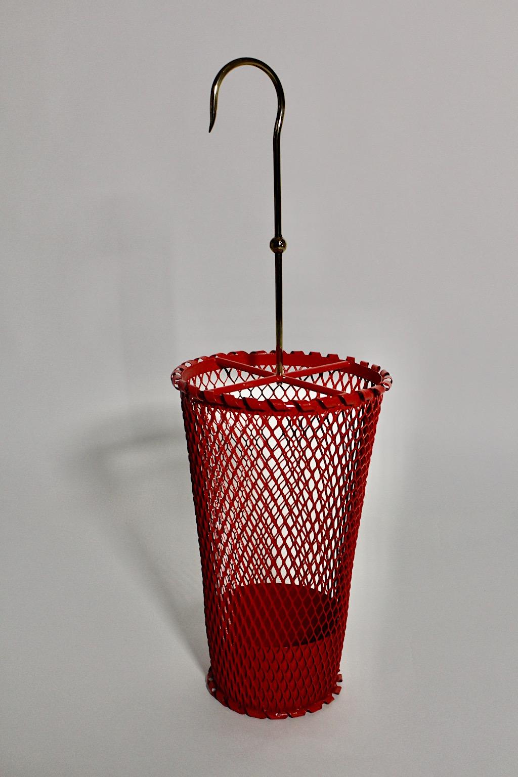Mid-20th Century Mid-Century Modern Vintage Red Metal Brass Umbrella Stand Mathieu Mategot 1950s For Sale