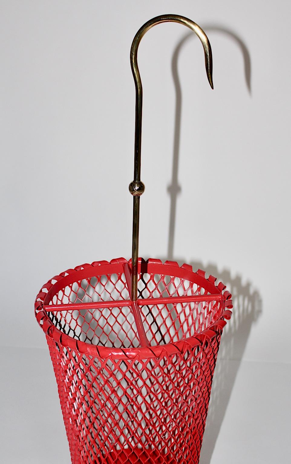 Mid-Century Modern Vintage Red Metal Brass Umbrella Stand Mathieu Mategot 1950s  For Sale 3
