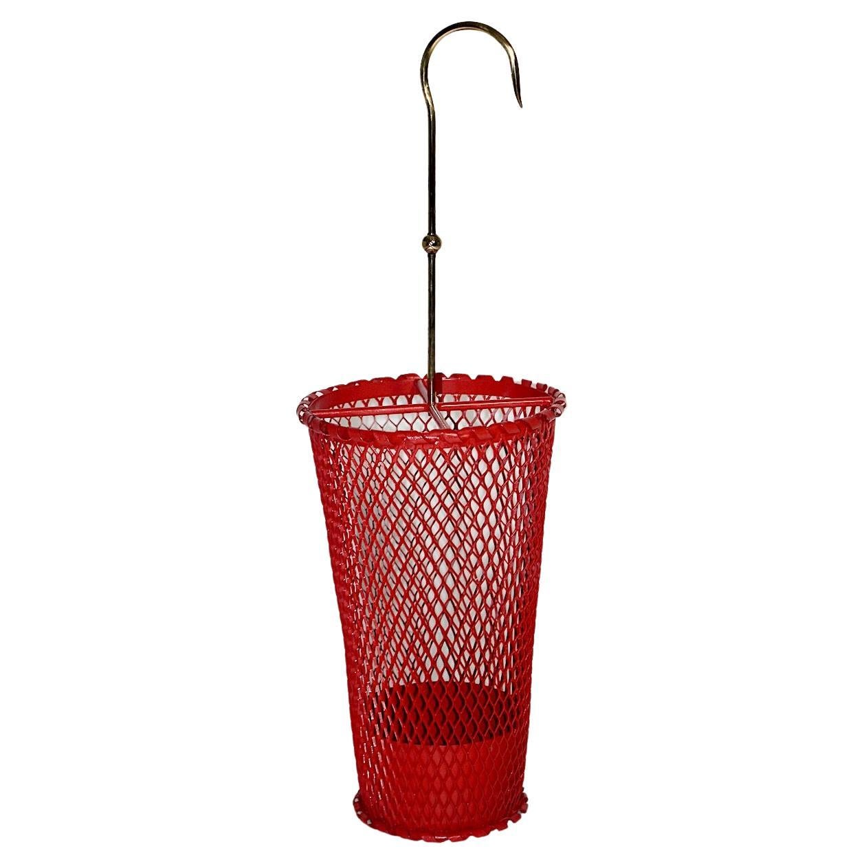 Mid-Century Modern Vintage Red Metal Brass Umbrella Stand Mathieu Mategot 1950s  For Sale