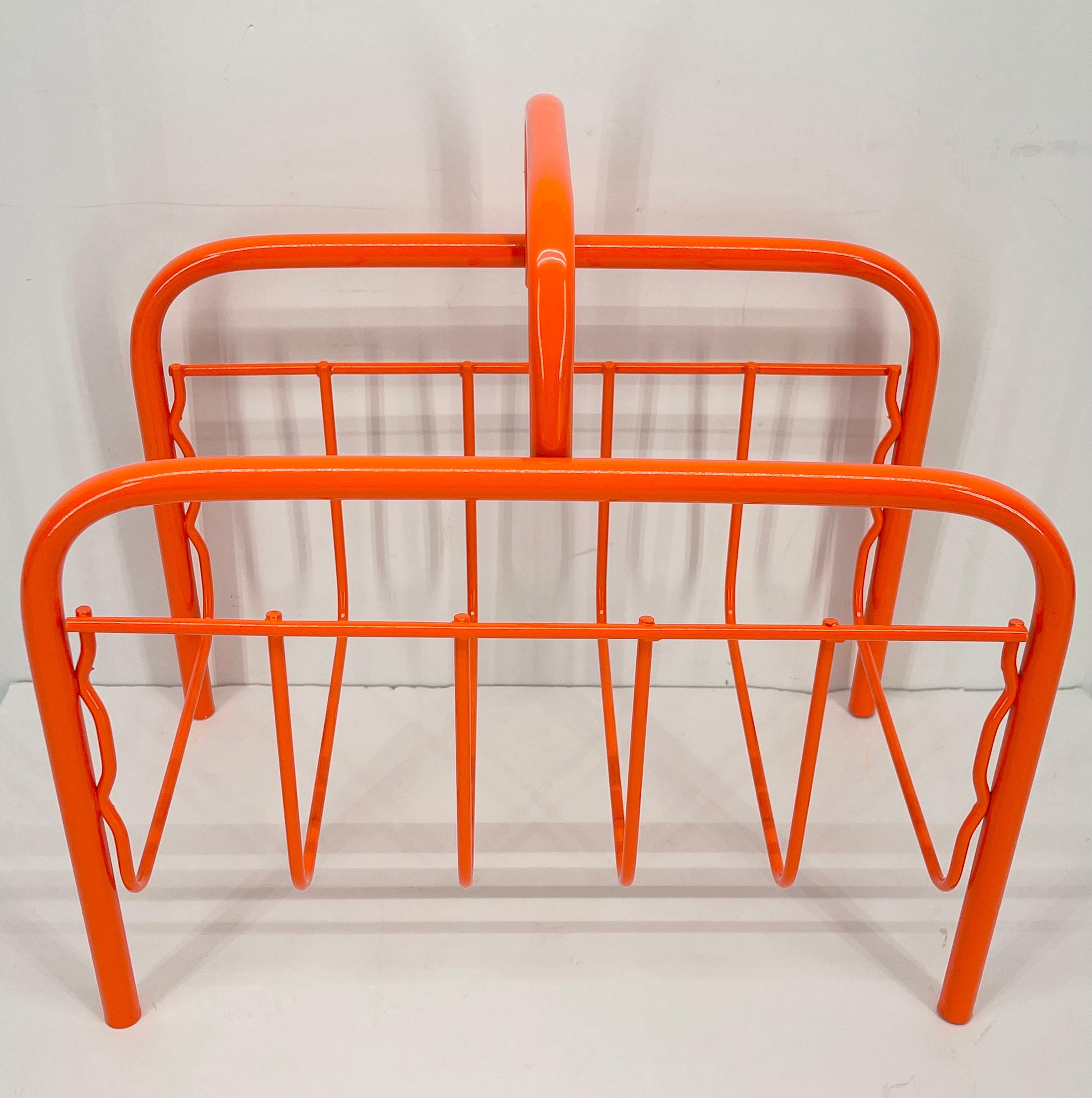 Mid-Century Modern Vintage Red Orange Metal Magazine Rack 3