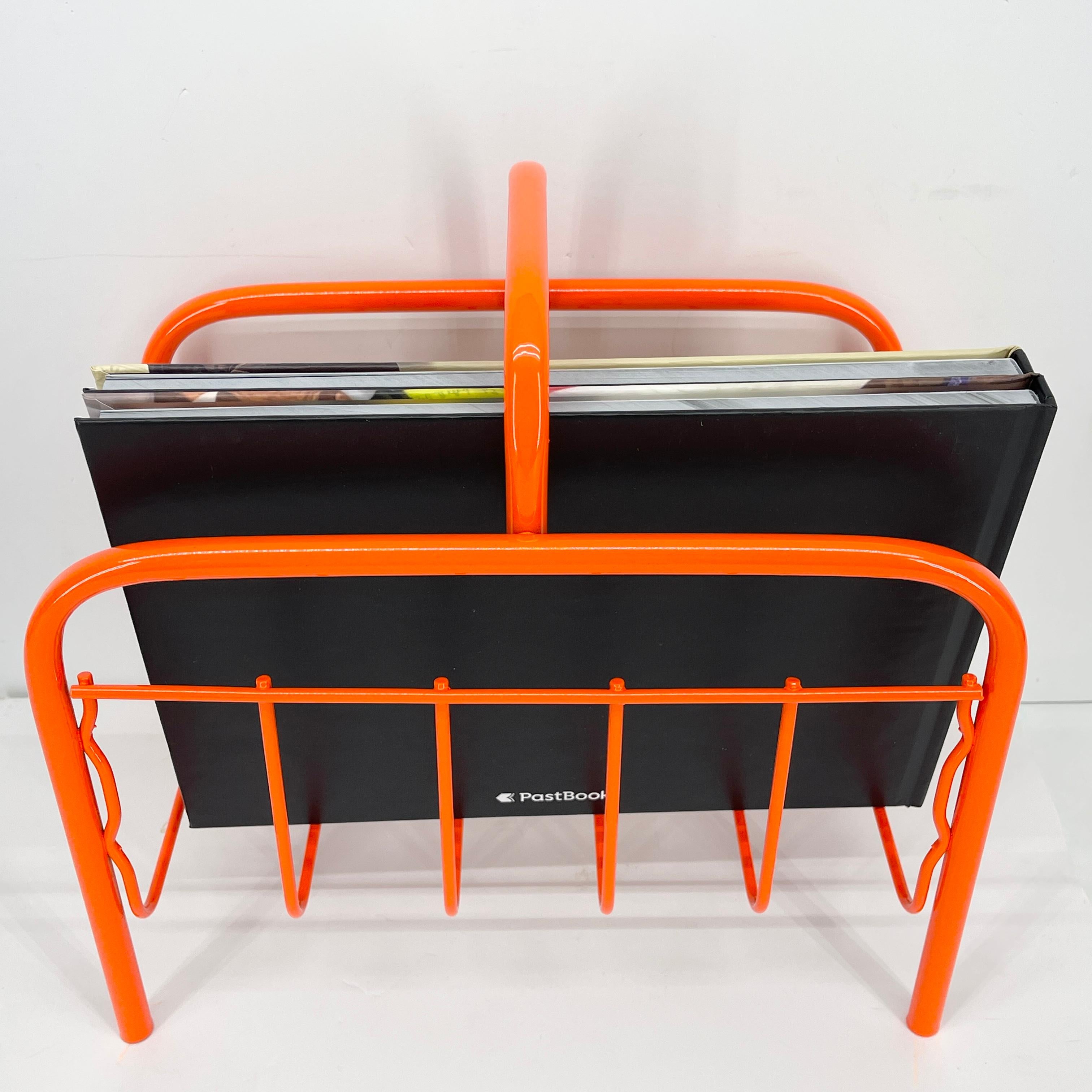 Mid-Century Modern Vintage Red Orange Metal Magazine Rack 1