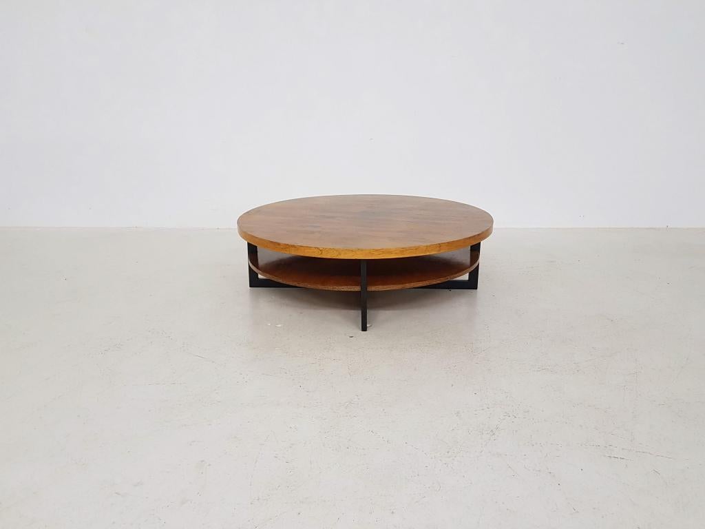 Dutch Mid-Century Modern Vintage Rosewood, Teak and Metal Round Coffee Table, 1960s