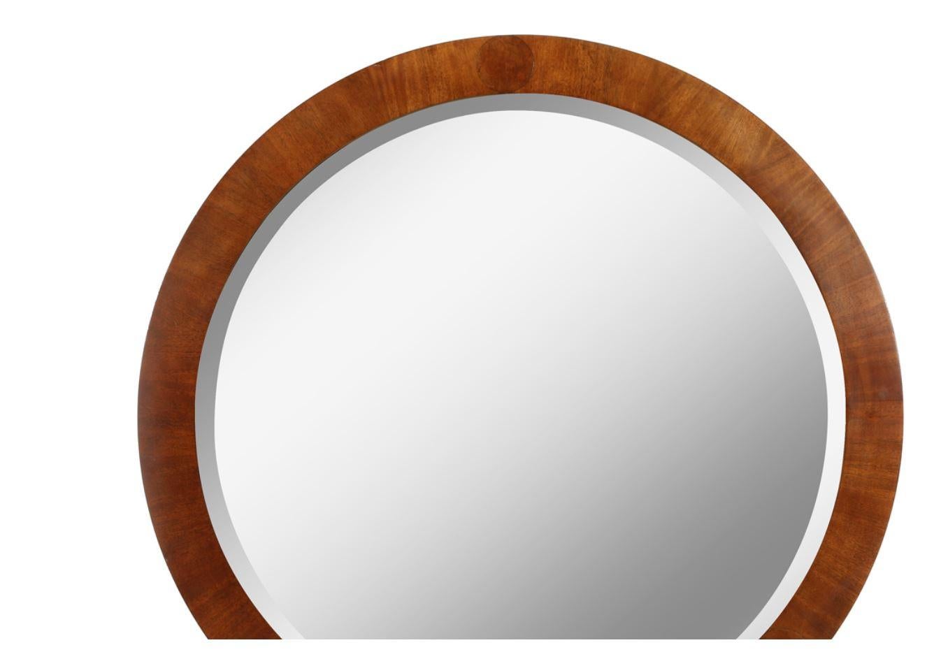 Mid-Century Modern vintage, round, Baker wood frame mirror.