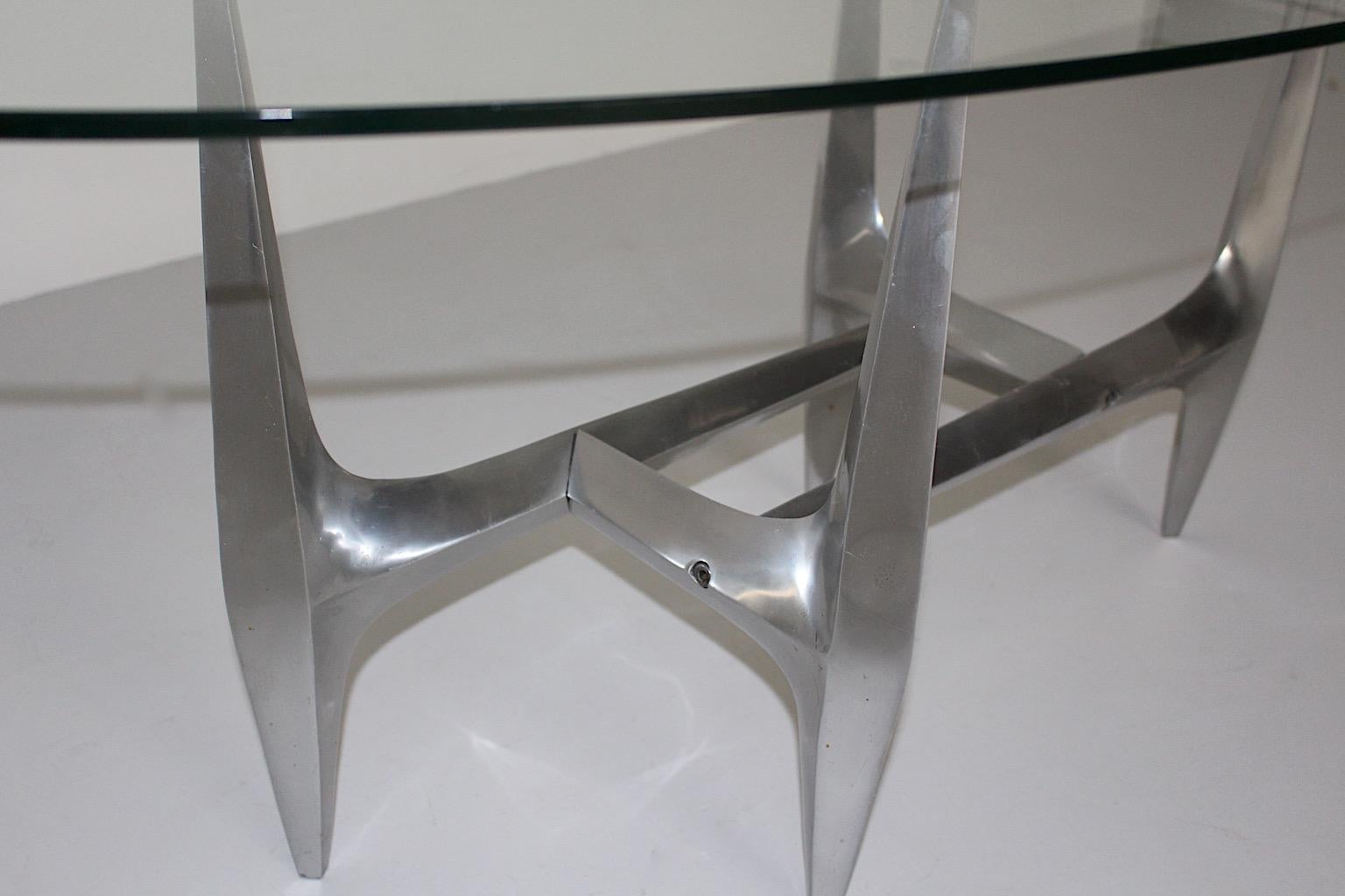 German Mid Century Modern Vintage Sculptural Aluminum Glass Coffee Table Hesterberg  For Sale