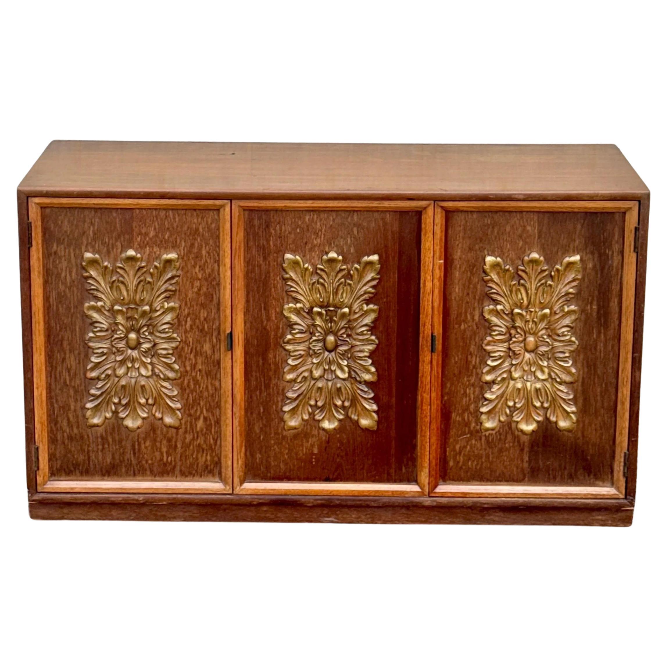 Mid-Century Modern Vintage Sculptural Walnut Credenza With Decorative Doors