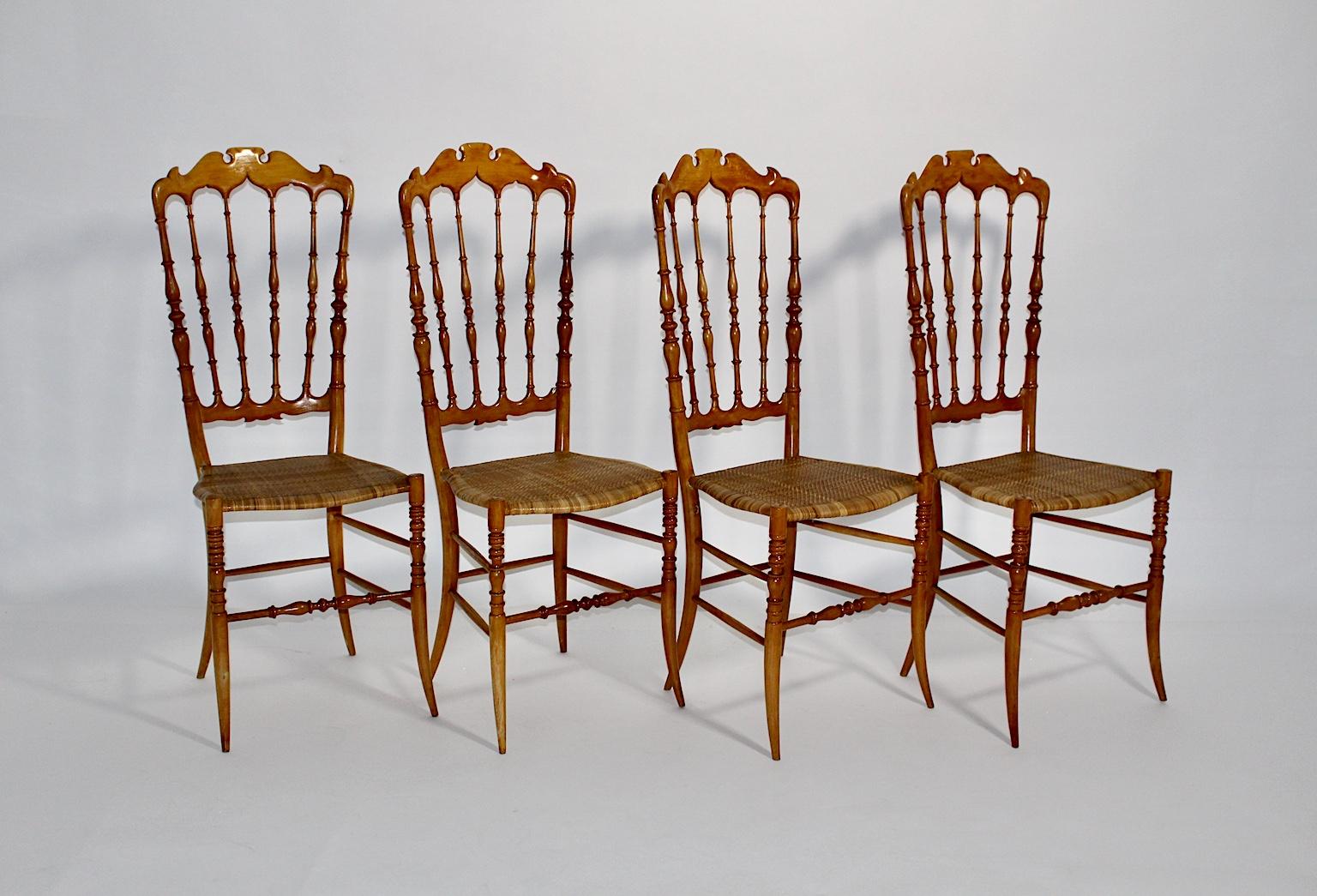 Cane Mid-Century Modern Vintage Set of Four Beech Chiavari Dining Chairs, 1950s For Sale