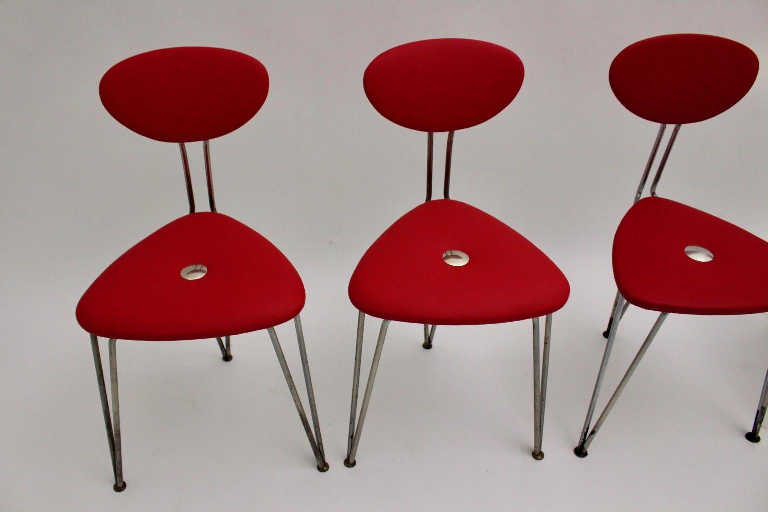 Austrian Mid-Century Modern Vintage Set of Four Red Chairs by Günter Talos Austria For Sale