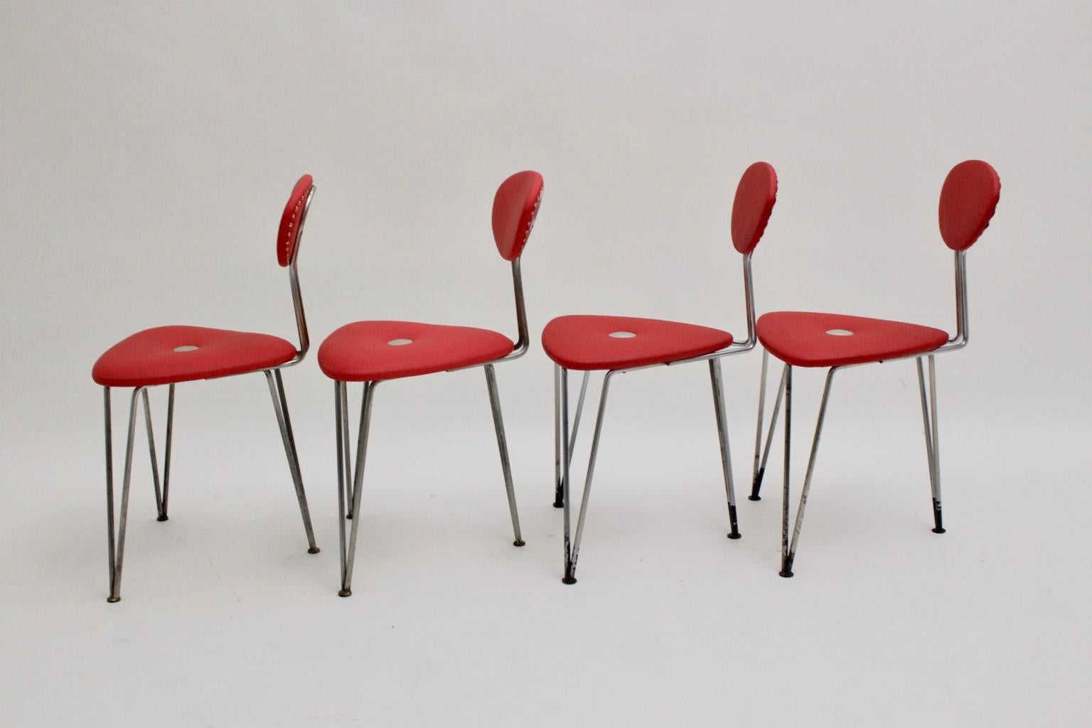 Metal Mid-Century Modern Vintage Set of Four Red Chairs by Günter Talos Austria For Sale