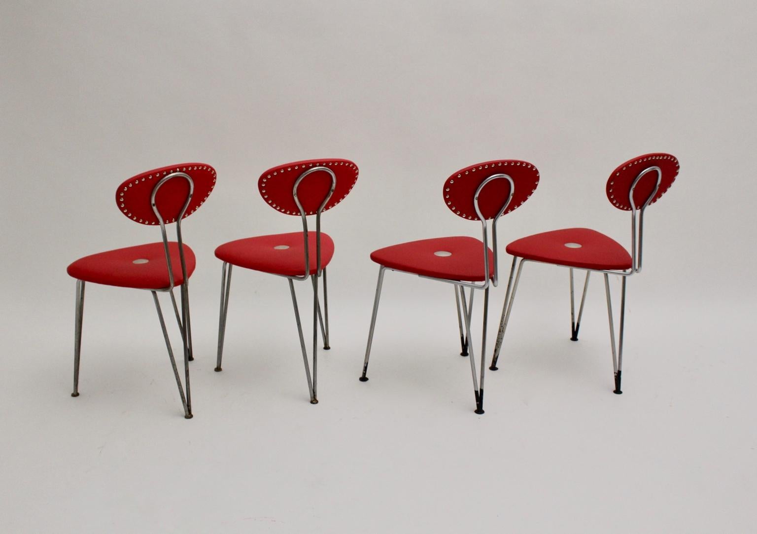 Mid-Century Modern Vintage Set of Four Red Chairs by Günter Talos Austria For Sale 1