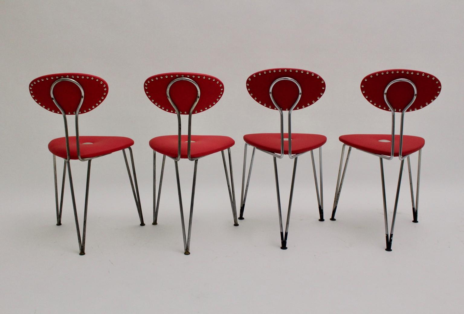 Mid-Century Modern Vintage Set of Four Red Chairs by Günter Talos Austria For Sale 3