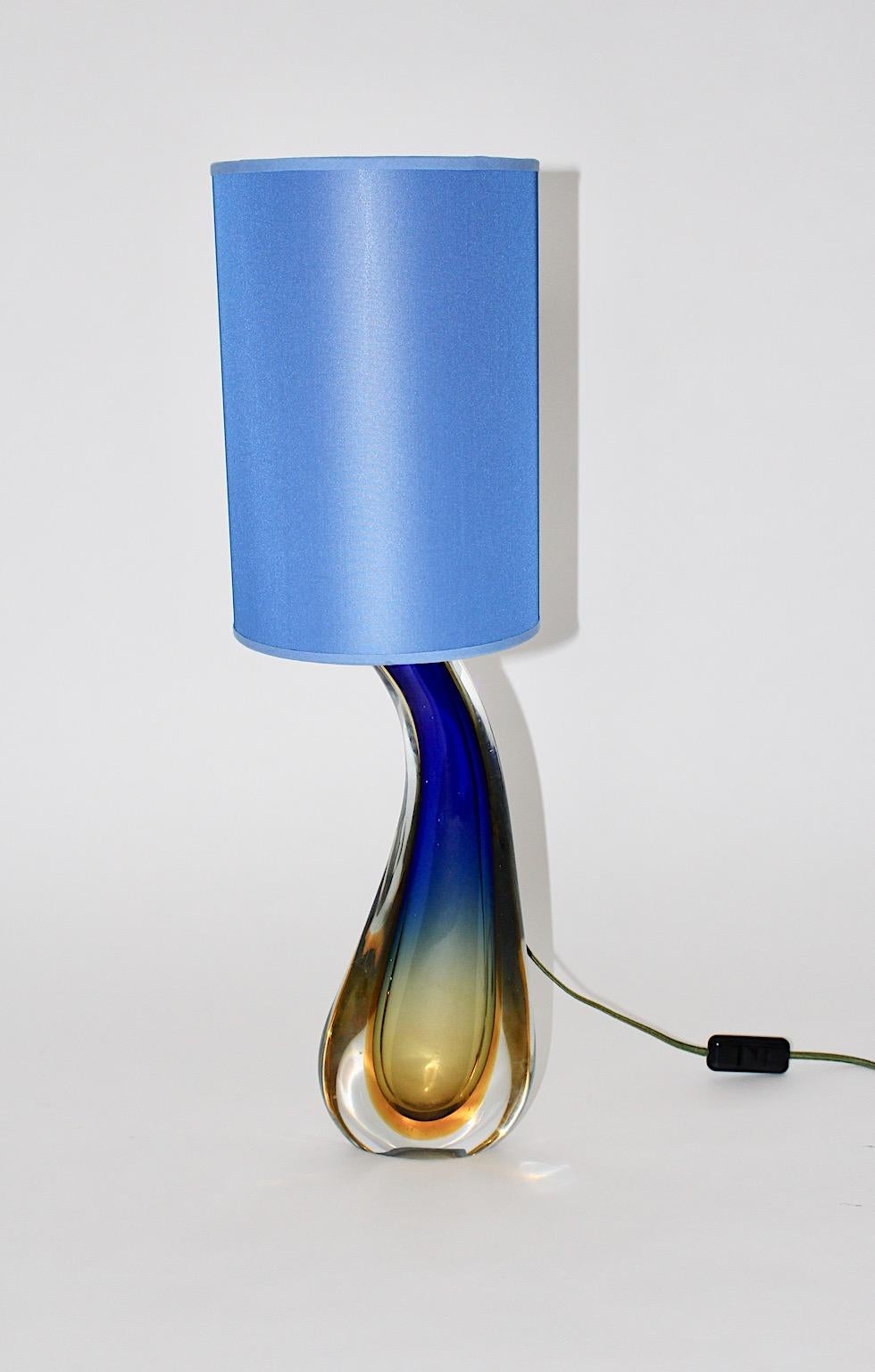Italian Mid Century Modern Vintage Soft Blue Yellow Blown Murano Glass Table Lamp Italy For Sale
