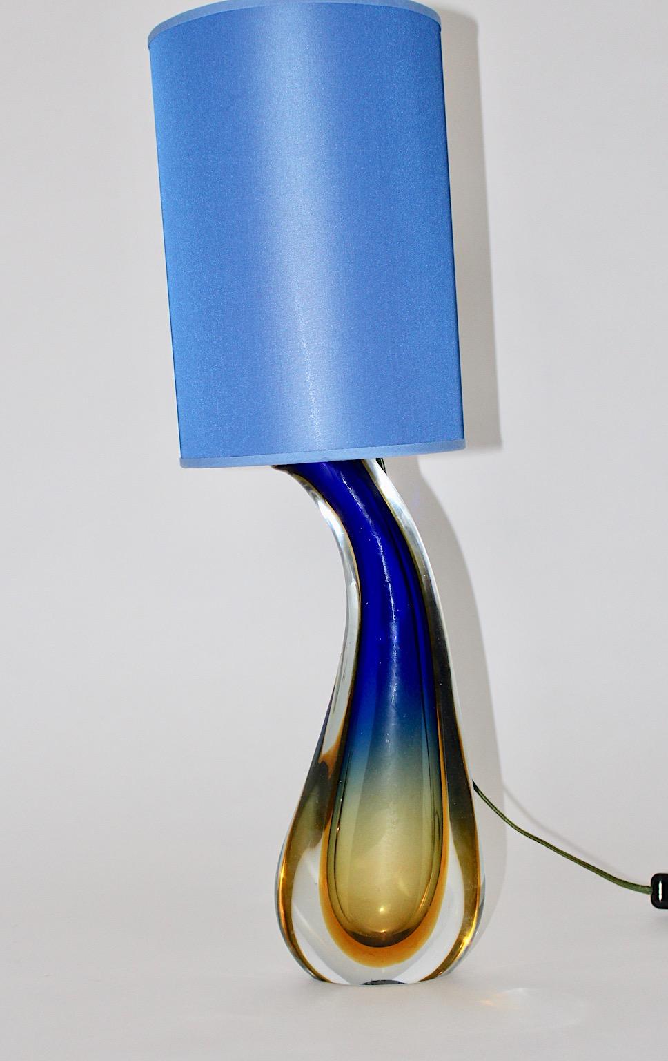 Mid Century Modern Vintage Soft Blue Yellow Blown Murano Glass Table Lamp Italy For Sale 2