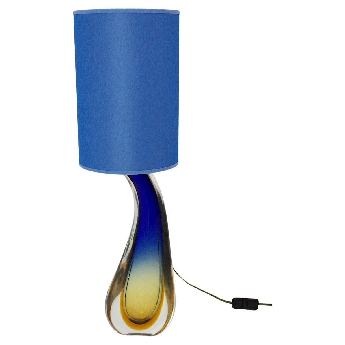 Mid Century Modern Vintage Soft Blue Yellow Blown Murano Glass Table Lamp Italy For Sale