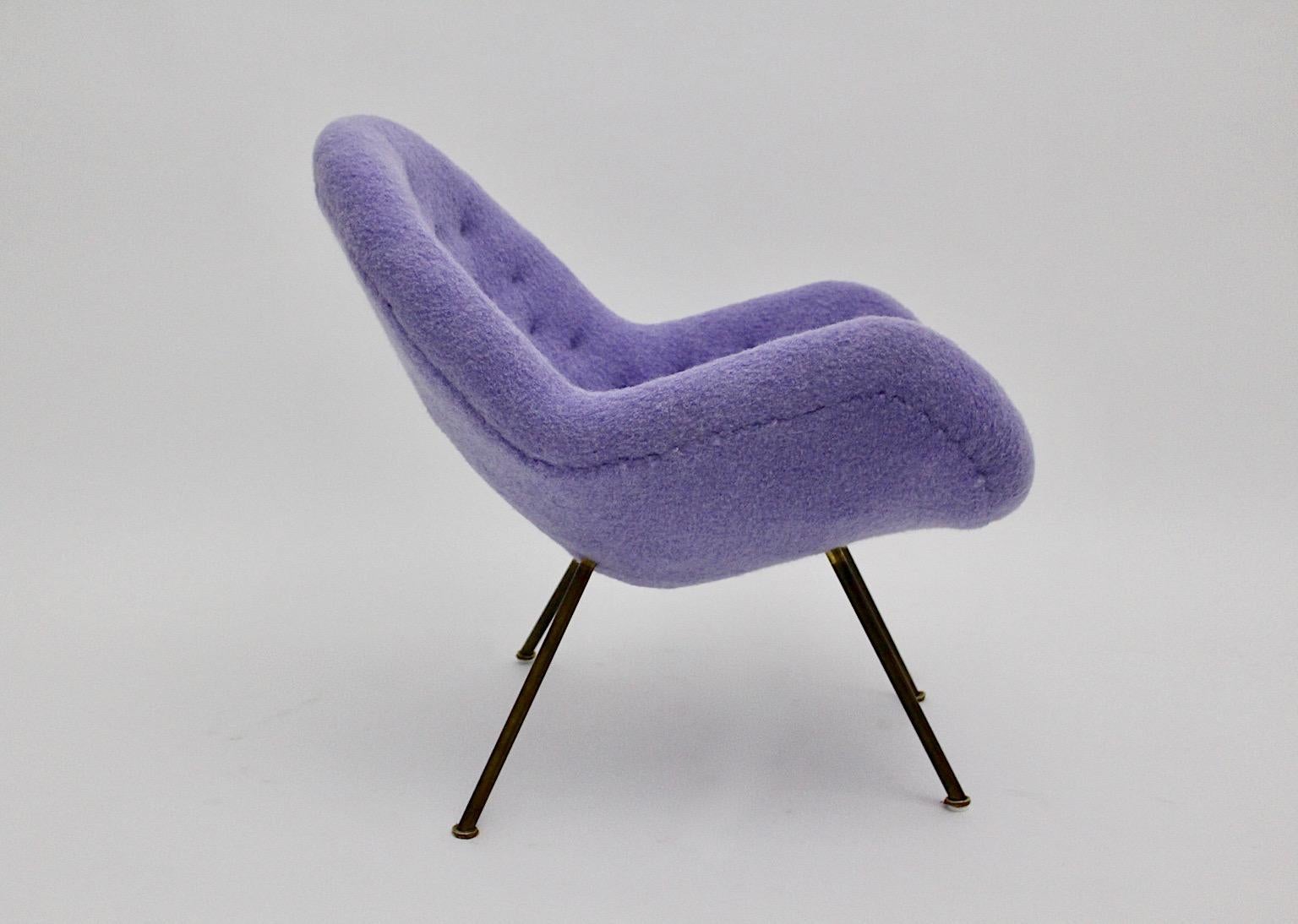 Mid Century Modern Vintage Soft Pastel Lilac Brass Lounge Chairs Pair Duo 1950s For Sale 5