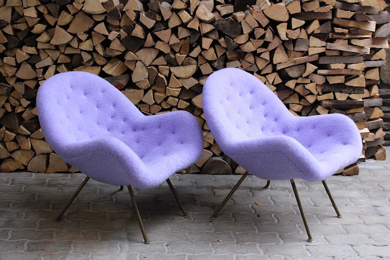 Mid Century Modern Vintage Soft Pastel Lilac Brass Lounge Chairs Pair Duo 1950s  For Sale 6