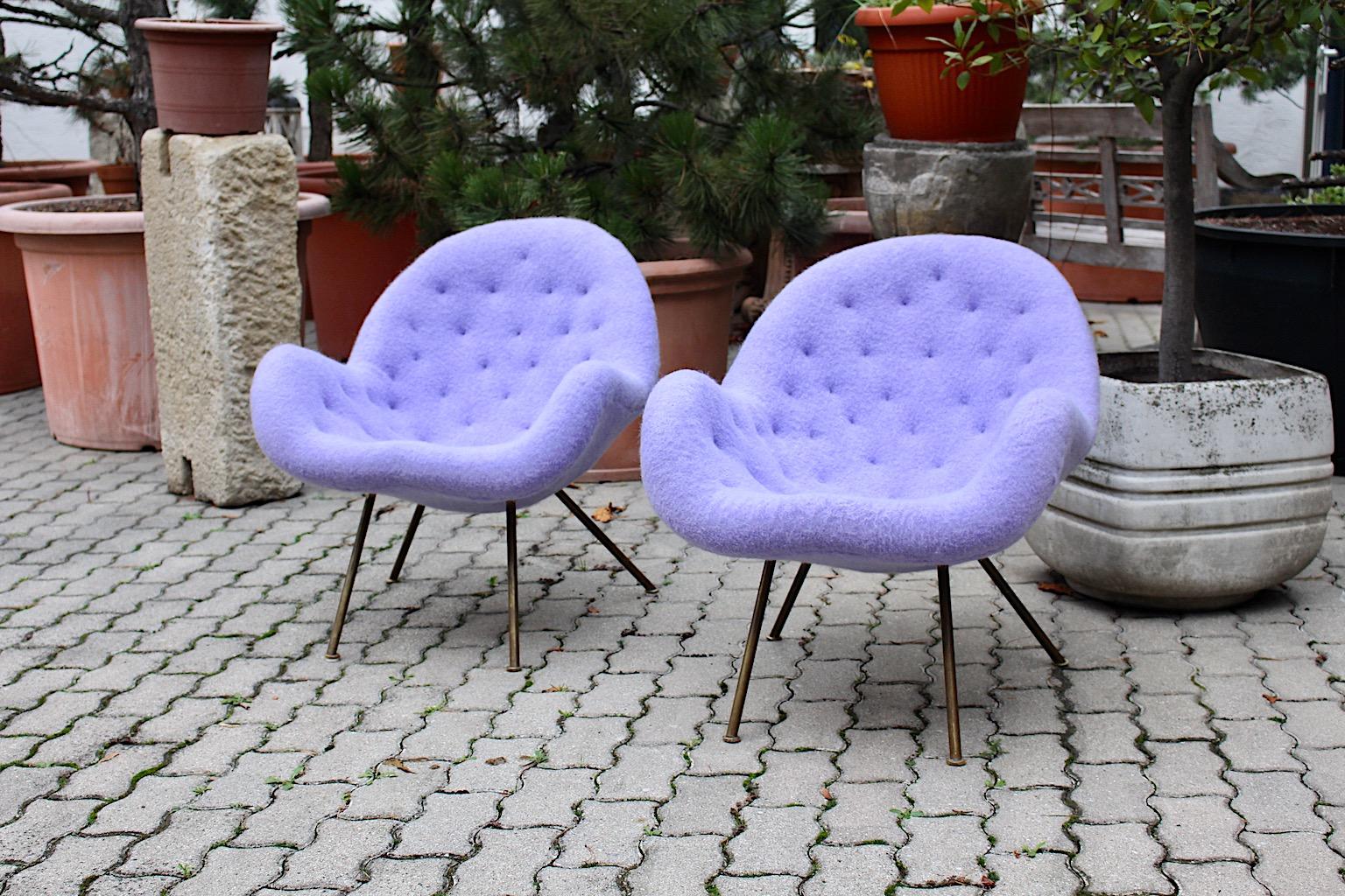 Mid Century Modern Vintage Soft Pastel Lilac Brass Lounge Chairs Pair Duo 1950s  For Sale 7
